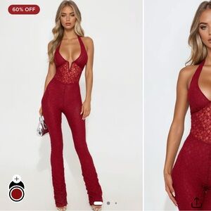 Fashion Nova Burgundy Lace Halter Boot Flare Jumpsuit